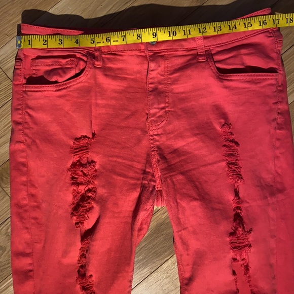 Forever 21 coral red distressed destroyed ripped skinny jeans size 30 - Picture 4 of 11